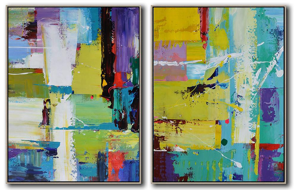 Handmade Large Contemporary Art,Set Of 2 Contemporary Art On Canvas,Hand Painted Aclylic Painting On Canvas,Yellow,Purple,White,Blue.etc